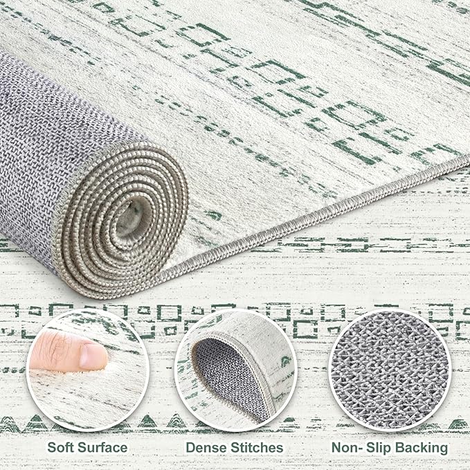 Nakagishi Green Rug Living Room 5x8: Washable Boho Large Neutral Farmhouse Soft Area Rugs Modern Stain Resistant Moroccan Indoor Non-Slip Floor Carpet for Bedroom Nursery Kids Playroom Office