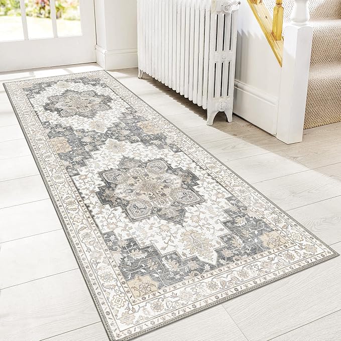 GENIMO 2'6''x10 Runner Rugs for Hallway, Machine Washable Non Slip Vintage Rugs, Low Pile Lightweight Soft Print Rug for enrtyway, Corridor, Home Office, Kitchen, Heathered Grey