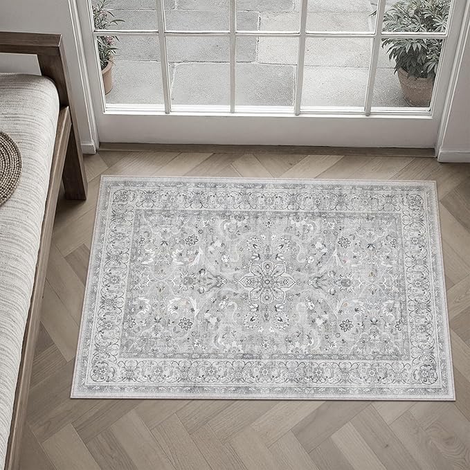 Gray 2x3 Area Rug Entryway Washable Vintage Carpet Door Mat Small Indoor Non Slip Soft Low Pile Thin Stain Resistant Distressed Accent Throw Rug for Kitchen Bathroom Entrance Bedroom