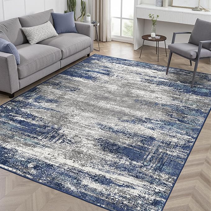 Area Rugs 8x10 for Living Room Bedroom, Modern Abstract Machine Washable Rug, Large Soft Low Pile Floor Cover with Non Slip Backing for Dining Room, Navy Blue Gray
