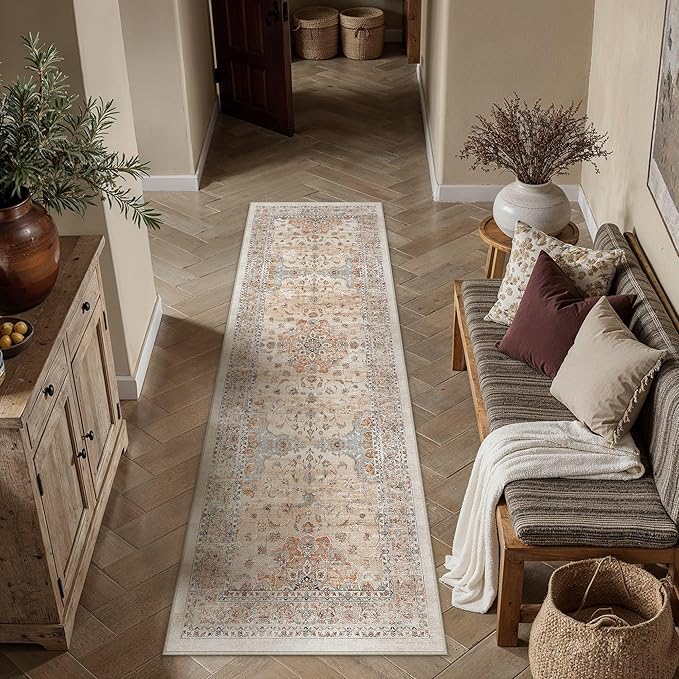 HUGEAR Machine Washable Hallway Runner Rugs 2x8 Vintage Orange Neutral Style Non Slip Stain Resistant Low Pile Throw Carpet for Bedroom Kitchen Retro Aesthetic Modern Decor