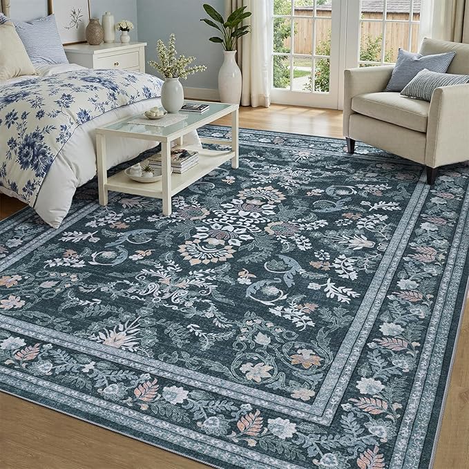 DCX Navy Blue 8x10 Area Rug, Machine Washable Non Slip Stain Resistant Soft Vintage Floral Rug, for Living Room, Bedroom, Dining Room, Soft Low Pile Large Carpet