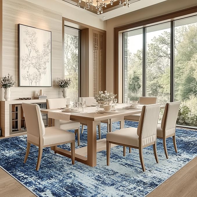 5x7 Area Rug Living Room Rugs - Washable Rug Large Modern Abstract Soft Thin Carpets Indoor Floor No Slip Vintage Carpet for Bedroom Under Dining Table Nursery Home Office Decor Deep Blue