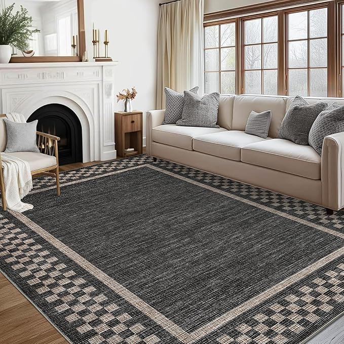 GarveeHome Washable Area Rugs 8x10 Non Slip Soft Large Living Room Rug Modern Checkered Bedroom Rug Soft Geometric Bordered Throw Carpet for Dining Room Home Decor Office Nursery, Black