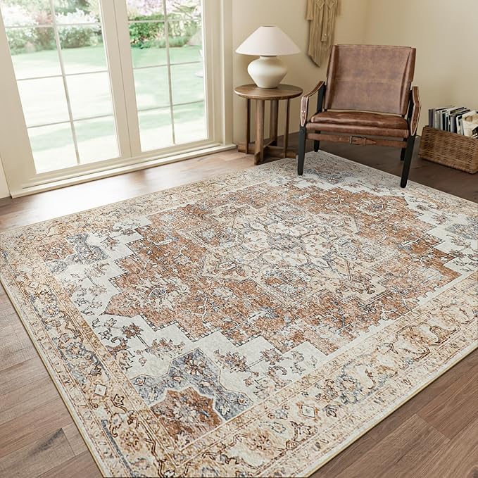 GENIMO 5x7 Area Rugs for Living Room, Machine Washable Non Slip Rugs, Low Pile Lightweight Vintage Print Rug for Bedroom, Dining Room, Home Office, Warm Orange