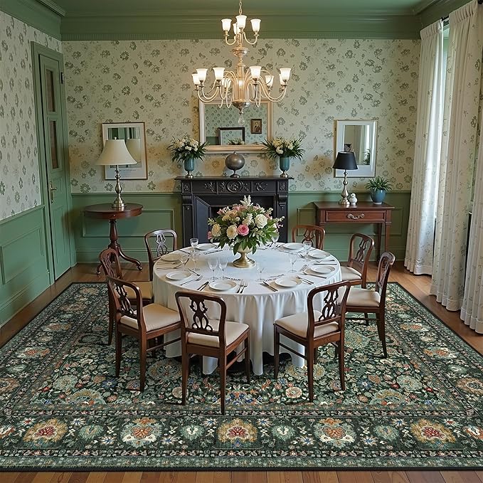 9x12 Rugs for Bedroom, Vintage Washable Rugs Non Slip Large Area Rug for Living Room Dining Room Office, Floor Decoration Big Rug Carpet Low-Pile Kid & Pet Friendly(Dark Green