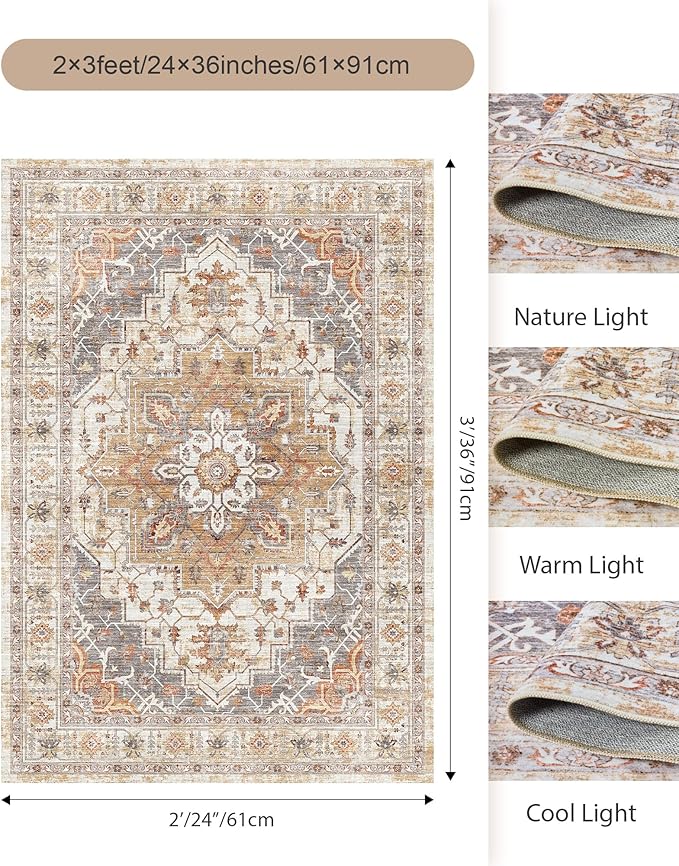 2x3 Entryway Rug Small Washable Kitchen Rugs Non Slip Front Door Rug Foldable Thin Carpet Low Pile Area Rug for Dining Room Entry Bedroom(Turmeric/Grey,2'x3')