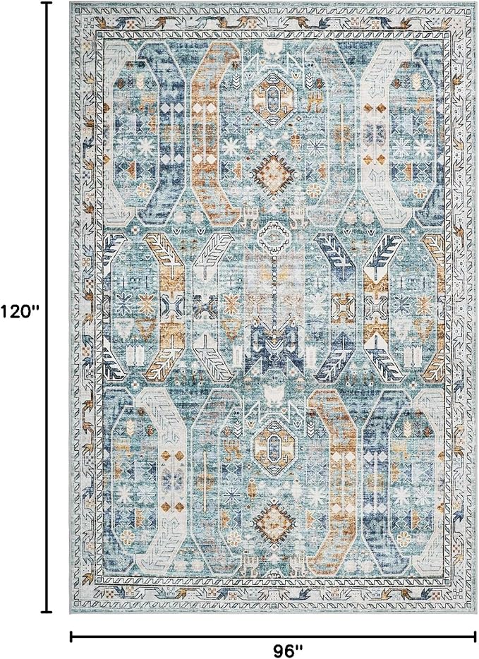 Washable Rug 8x10 Area Rugs for Living Room - Stain Resistant Non-Slip Backing Rugs for Bedroom - Vintage Large Area Rug (Blue/Gold, 8'x10')