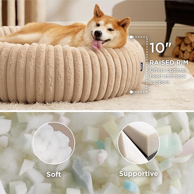 Bedsure ComfyFleece Donut Large Dog Bed - Washable Faux Fur with Corduroy Fleece & Anti Slip Bottom, Round Pet Bed with Removable Cover, Sandy Beige, 36x36x8 inches