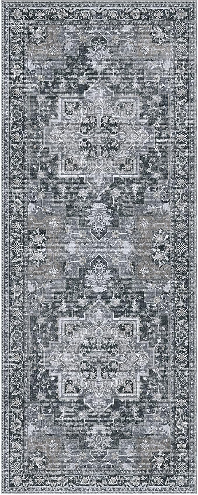 GENIMO 2x7 Runner Rugs for Hallway, Machine Washable Non Slip Vintage Rugs, Low Pile Lightweight Soft Print Rug for enrtyway, Corridor, Home Office, Kitchen,Dark Gray