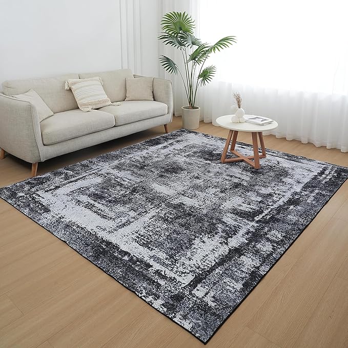 Hudson Comfort 10x12 Area Rug - Faux Cashmere Living Room Carpet - Machine Washable Area Rugs with Anti-Slip TPR Back - Super Soft 6mm Pile Height Pet-Friendly Rugs (Black)