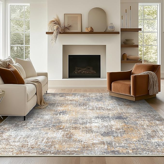 Bavni 8x10 Area Rugs Machine Washable Rug for Living Room, Modern Printed Rug Indoor Soft Area Rug for Bedroom Dining Room, Ultra-Thin Low Pile Carpet with Non Slip Rubber Backing, Ocher Gray