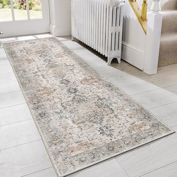 GENIMO Runner Rug 2'6''x8, Non Slip Vintage Hallway Runner Rugs, Low Pile Lightweight Machine Washable Mat for Hallway, Entryway, Bedroom, Kitchen and Corridor, Light Taupe Brown