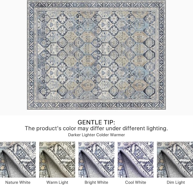 GENIMO 6x9 Area Rugs for Living Room, Machine Washable Vintage Non Slip Rugs, Low Pile Lightweight Chenille Print Rug for Bedroom, Dining Room, Home Office, Vintage Brown & Blue