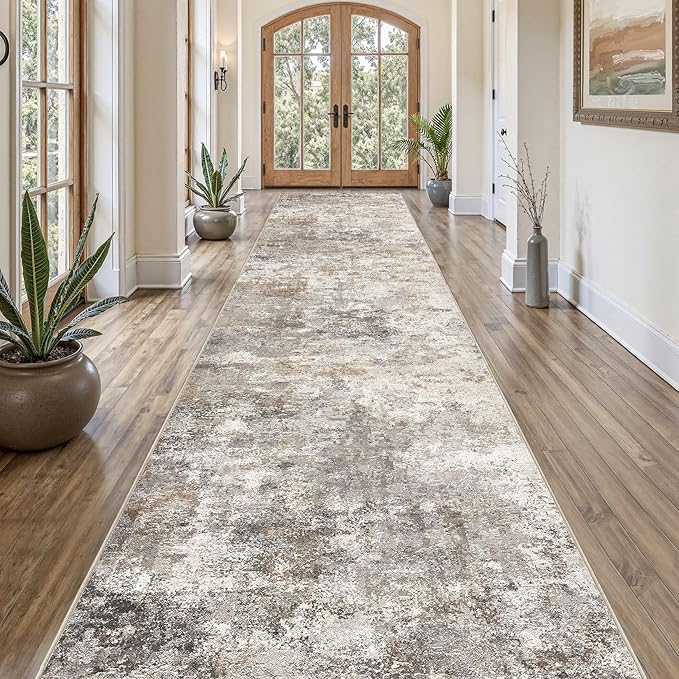 3X16 Washable Runner Rug for Hallway: Soft Neutral Modern Abstract Area Rug - Non-Slip Low Pile Long Throw Indoor Carpet for Kitchen Entryway Kitchen Bedroom Laundry - Brown Grey