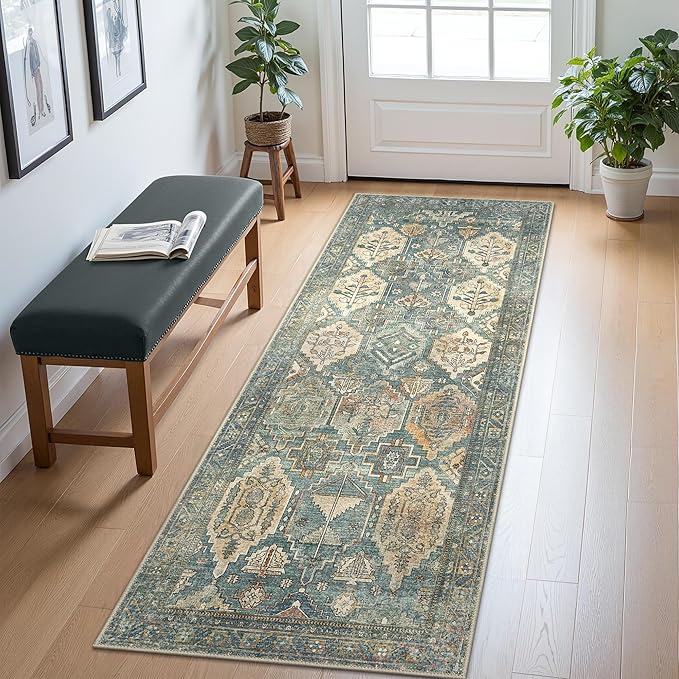 Bavni Washable Rug 5x7 Area Rug for Living Room Bedroom Dining, Washable Vintage Print Carpet, Ultra-Thin Low Pile Lightweight Rug with Non Slip Backing, Teal