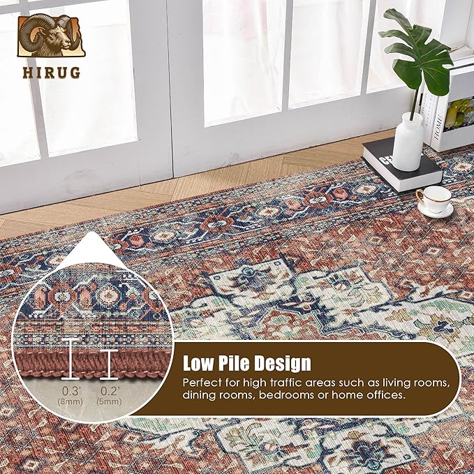 Washable Area Rug 6' x 9' Vintage Traditional Persian Mat - Foldable Distressed Non-Slip Machine Washable Carpet for Living Room Bedroom Kitchen Home Decor - Terracotta and Navy