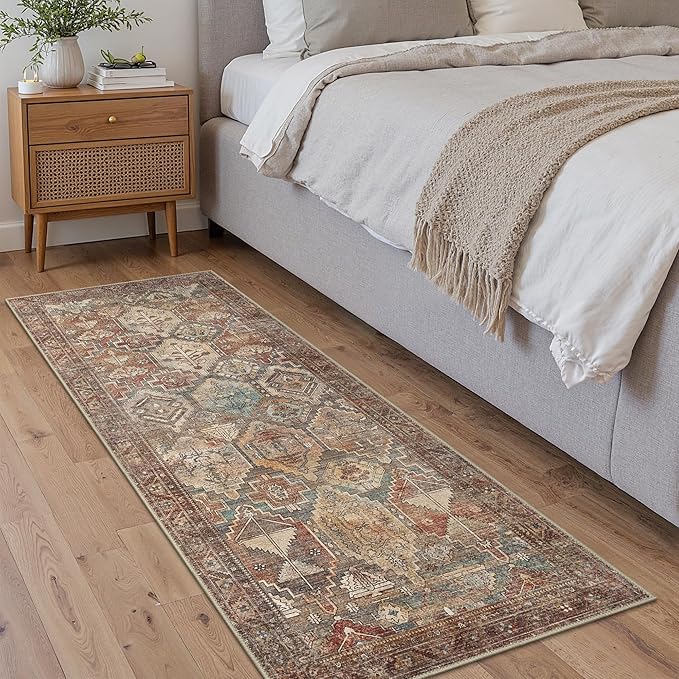 Bavni Runner Rugs 2x5 Kitchen Rug for Hallways Entryway, Washable Vintage Print Carpet, Ultra-Thin Low Pile Lightweight Rug with Non Slip Backing, Reddish Brown