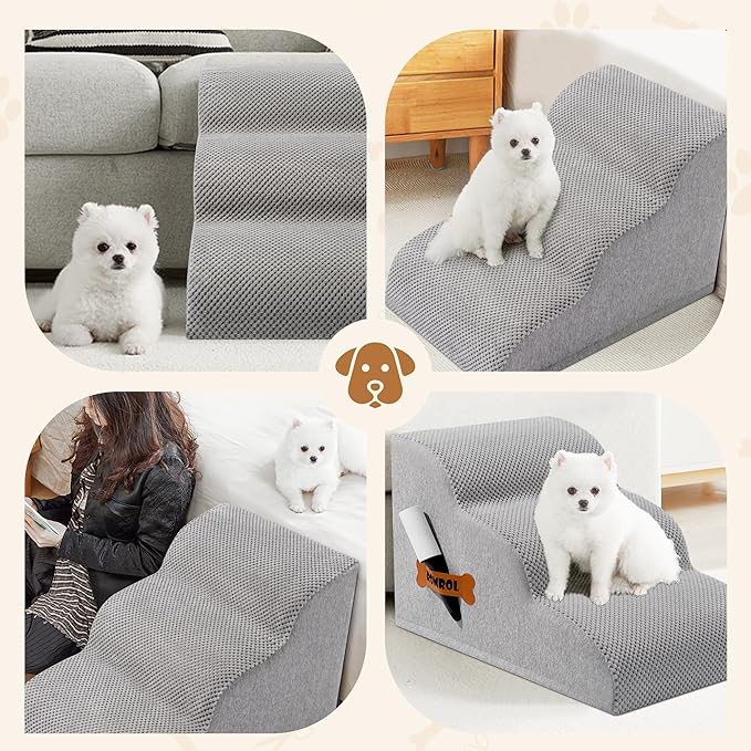 Romrol Dog Stairs Ramp for High Beds Couches, High Density Foam Pet Steps with Durable Non-Slip Waterproof Fabric Cover, Dog Stairs for Small Dogs or Cats or Pets, 3-Step,15 Inch,Light-Grey