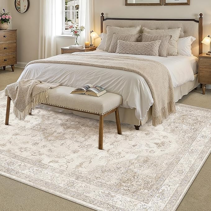 Beige Area Rug 7x9 Washable Living Room Carpet Vintage Non Slip Soft Bedroom Indoor Office Retro Low Pile Thin Oriental Medallion Large Rug for Dining Room Playroom