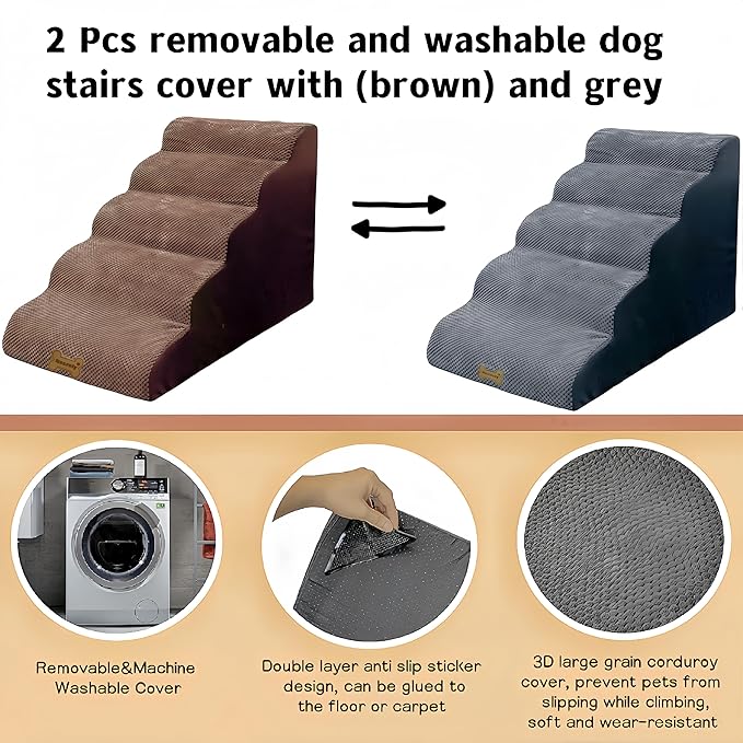 Dog Stairs & Pet Ramp for Small/Large Dogs to High Beds/Couches - 5 Steps 24-inch Height for 18-30 inch Furniture, 2 Washable Covers (Brown, Grey), Non-Slip Balanced 33D Design for Old Dogs & Cats