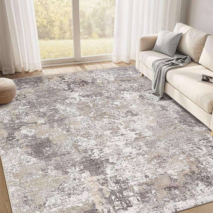 Area Rugs for Living Room: 6x9 Abstract Washable Rug Modern Neutral Large Soft Stain Resistant Non-Slip Backing Machine Table for Bedroom Dining Room Indoor Home Office Carpet - Light Brown