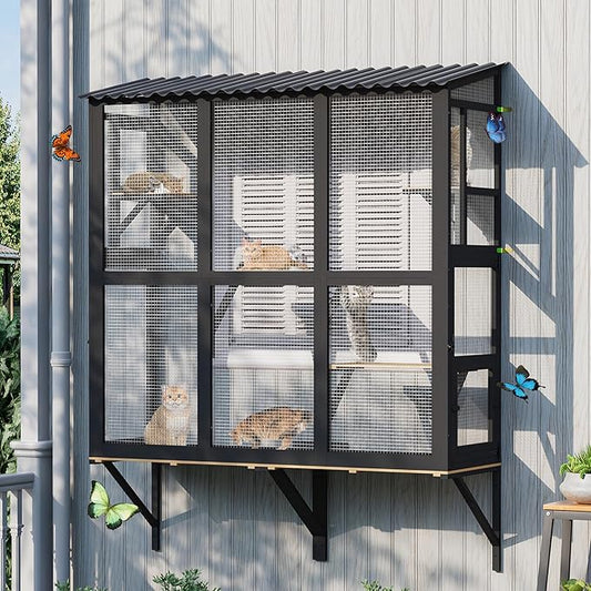 Large Outdoor Cat Window Perch, Catio Cat Enclosure Window Box with 4 Jump Platforms and 4 Doors, Cats Patio w/All-Weather Roof for Indoor Kitty Sunbathing, Napping