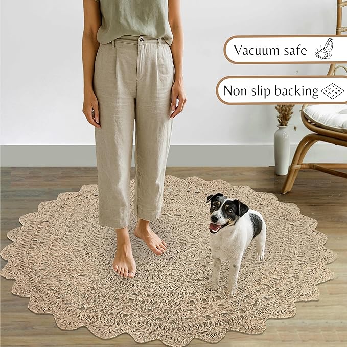 Hausattire Hand Woven Jute Crochet Rug, 3??Round ??Natural, Anti-Slip Accent Boho Entry Area Rugs for Kitchen, Living Room I Farmhouse Decorative Floor Rug, 3 Feet Round
