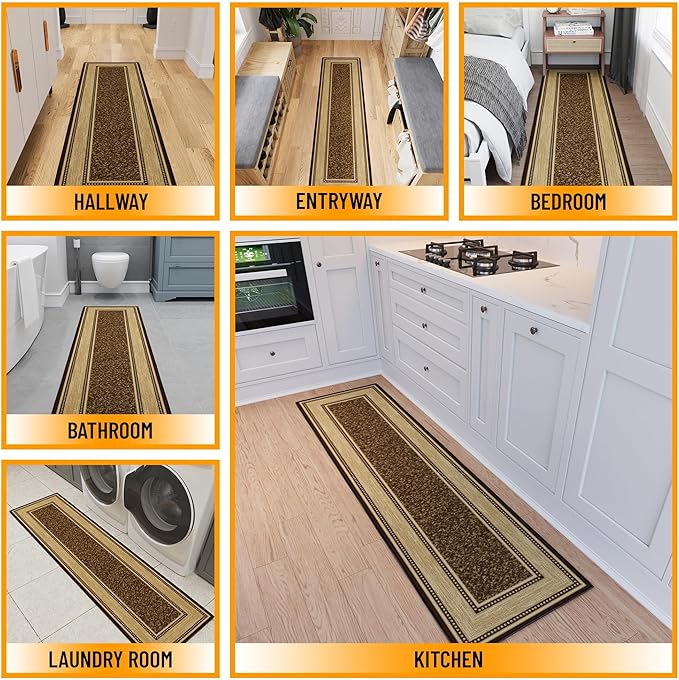 Ottomanson Hallway Runner Rug 1'10" x 6' Non Slip Border Area Rugs Easy to Clean Laundry Rug Runner Durable & Pet Friendly Floor Carpet Runners for Hallways Entryway Living Room Kitchen, Brown