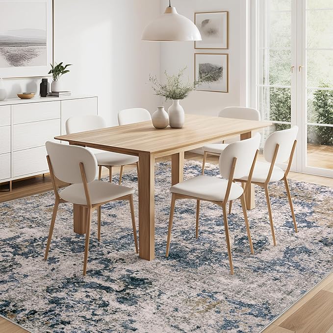 Area Rugs for Living Room: 7x9 Abstract Washable Rug Large Soft Stain Resistant Non-Slip Backing for Bedroom Dining Room Indoor Home Office Carpet for Kids Pet Friendly Families - Blue Brown