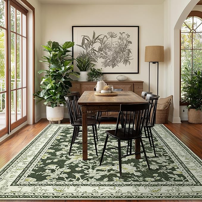 Olive Green Floral Print Area Rugs for Bedroom Living Room Boho Farmhouse Country Rustic Dining Room Carpet Soft Washable Rugs Non Slip Floor Covering for Nursery Playroom 10x12