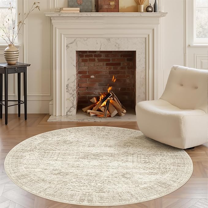 6x6 Beige Round Rug 6ft Living Room Circle Rug Vintage Round Area Rug Non Slip Indoor Carpet for Dining Room Bedroom