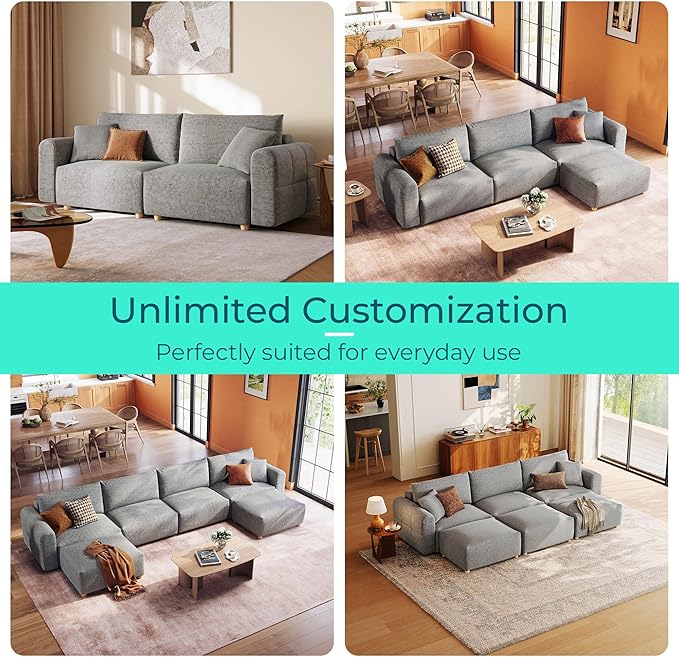 LINSY HOME Cloud Couch Sectional, Modular Sofa Sectionals for Living Room Bedroom, 91" U Shape Love Seat Couch with Ottoman, 2 Seater Deep Seat Cozy Couch Luxury Chenille Sofas, Grey