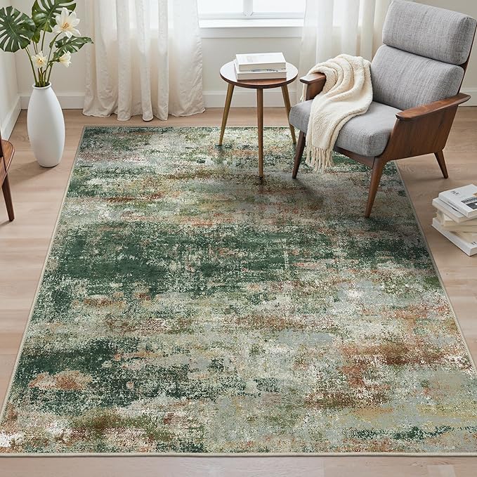 Area Rugs 6x9 for Living Room Bedroom, Modern Abstract Machine Washable Rug, Large Soft Low Pile Floor Carpet with Non Slip Backing for Dining Room, Green/Brown