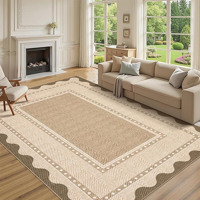 GarveeHome Washable 8x10 Area Rugs with Non Slip Backing, Large Solid Rugs for Living Room Bedroom, Modern Border Neutral Soft Carpet, Stain-Resistant Floor Mats for Nursery, Home Decor, Linen Color
