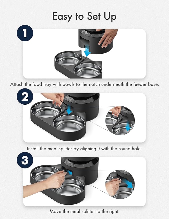PETLIBRO Pet Food Splitter with Stainless Steel Bowls, Automatic Cat Feeder Bowls for Two Cats or Dogs, Suitable for PETLIBRO Automatic Cat Feeder PLAF005, PLAF006, PLAF103, PLAF203 Black