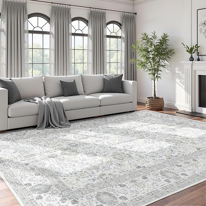 Neutral Area Rugs 8x10 for Living Room Vintage Rug Boho Floral Modern Washable Area Rug with Non-Slip Backing Large Carpet for Bedroom Dining Room Light Grey