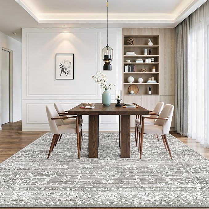 9x12 Washable Area Rugs for Living Room, Vintage Floral Stain Resistant Non-Slip Low Pile Natural Rug Soft Throw Large Carpet for Dining Room Bedroom Farmhouse Home Office (Grey, 9'x12')