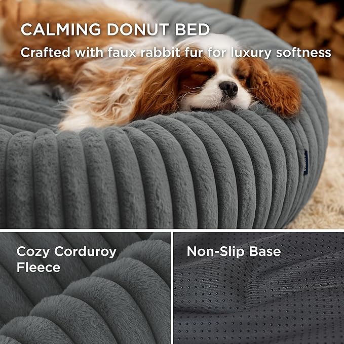 Bedsure ComfyFleece Donut Medium Dog Bed - Washable Faux Fur with Corduroy Fleece & Anti Slip Bottom, Round Pet Bed with Removable Cover, Warm Grey, 30x30x8 inches