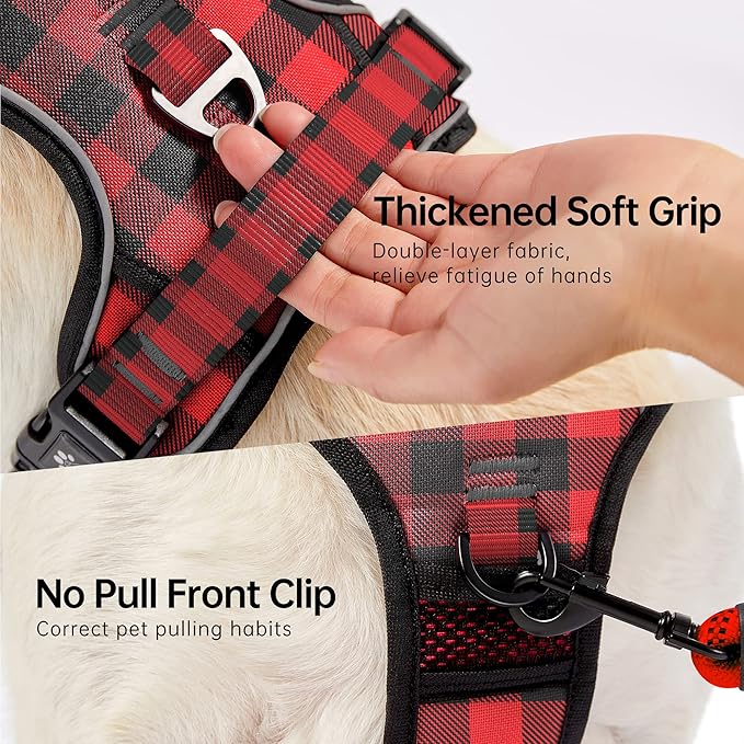 NESTROAD No Pull Dog Harness with Leash, Reflective No Choke Pet Vest Harness,Adjustable Soft Padded Dog Harness with Easy Control Handle for Large Dogs(Checkered Red,X-Large)