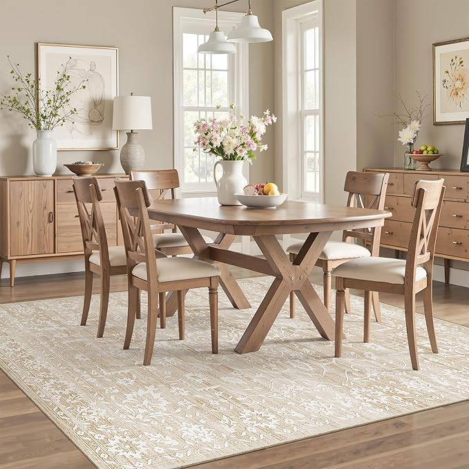 5x7 Area Rugs for Living Room, Washable Vintage Floral Non-Slip Low Pile Natural Rug Soft Throw Carpet for Dining Room Bedroom Home Office Nursery (Beige, 5'x7')