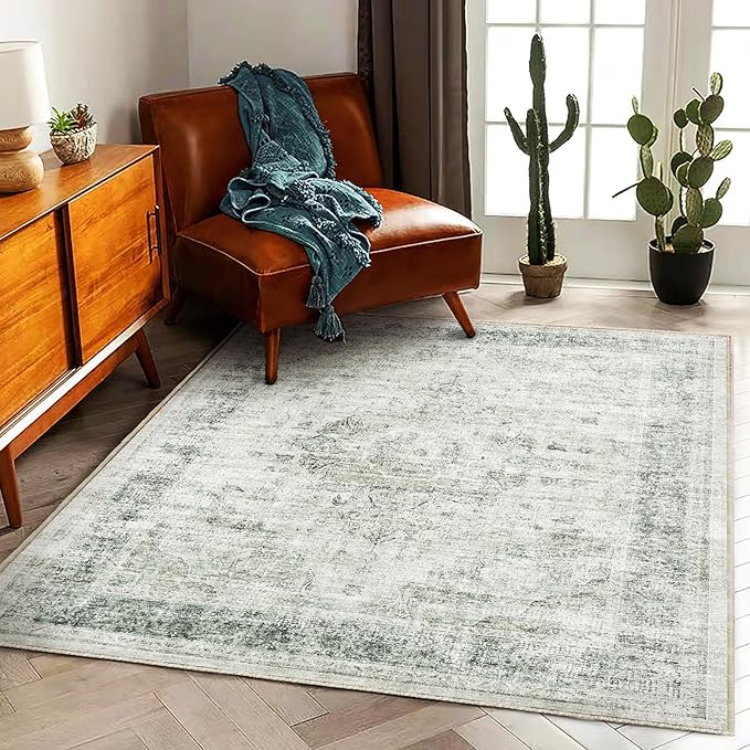Washable Area Rug 4'x6' Floral Green Vintage Traditional Floor Cover Foldable Thin Rugs Retro Kitchen Indoor Distressed Non Slip Carpet Floral Print Mat Bedroom Living Room