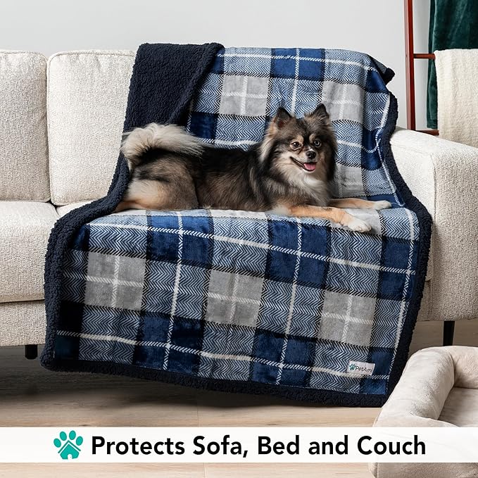 PetAmi Dog Blanket for Bed, XL Pet Blanket Large Dogs, Fleece Furniture Couch Cover Protector Sofa Car Crate Kennel, Soft Sherpa Cat Throw Plush Reversible Washable, Twin 60x80 Plaid Navy Blue