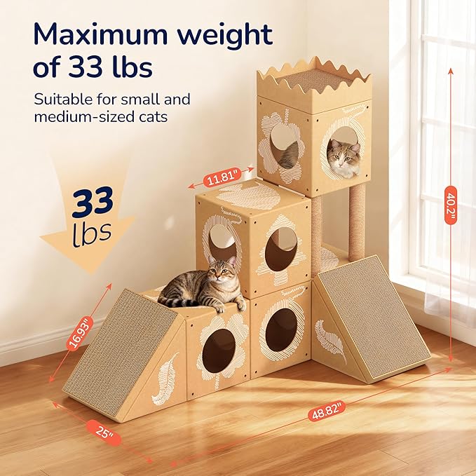 DIY Cardboard Cat House, Multi-Level Cat Tree Tower with Scratching Posts, Scratching Pad, Tunnel & Playhouse for Kittens & Adult Cats, Recyclable 48.8" × 25" × 40.16", Kraft Brown