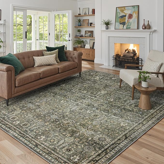 Lahome Green 8x10 Rugs for Living Room, Boho Washable Area Rugs for Bedroom, Rubber Backed Non Slip Floor Carpets for Dining Room Home Apartment, Dark Olive Green