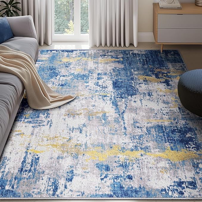 Washable Area Rugs 6'x9' Non-Slip Modern Abstract Soft for Living Room Entryway Bedroom Nursery, Print Pattern, Grey Blue Gold/Golden