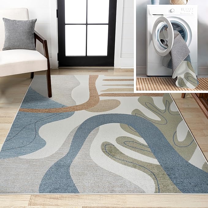 JONATHAN Y Machine Washable Cream/Multi Indoor Area Rug 3X5 ft, Algae Abstract Glam Botanical for Living Room, Bedroom, Kitchen, Office, Easy-Cleaning, Pet-Friendly, Non-Shedding WSH301A-3