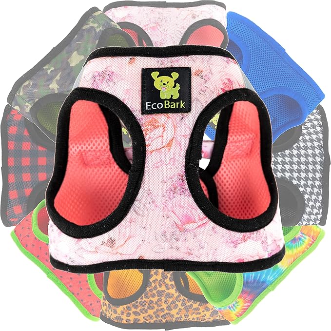 EcoBark Step in Dog Harness - Eco-Friendly Dog Harnesses for Small and Medium Breed Dogs - Reflective and Adjustable Body Halter Vest - Soft Mesh Toy Breed Harness (Floral, Large)