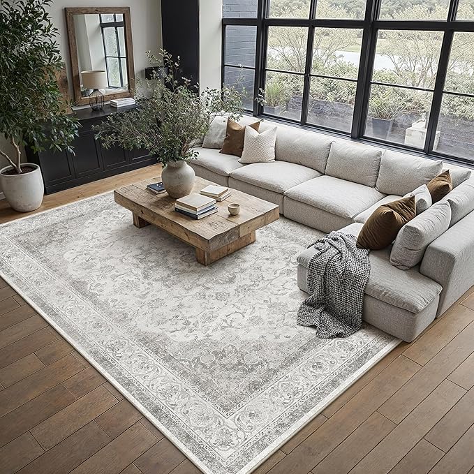 6x9 Grey Washable Vintage Area Rug for Living Room Bedroom Soft Tranditional Non Slip Large Throw Rug Lightweight Floral Low Pile Distressed Carpet Office Playroom Dinning Laundry Room Bathroom