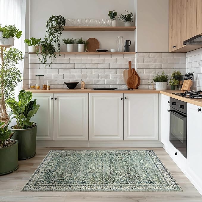 3x5 Area Rug for Entryway Indoor Low Pile Green Rugs with Washable Non Slip Boho Vintage Distressed Ultra Thin Entry Way Rugs for Kitchen Laundry Room Bathroom Inside House,3 x 5,Dark Green